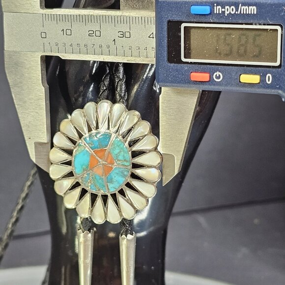 Zuni Sunface Inlay Turquoise Mother of PearlBolo Tie With Sterling Silver Tips - Picture 7 of 10